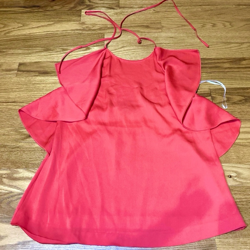 THEORY ! DESIGNER Red Halter Tied SILK Tank Top With Ruffle Details, Size Small.